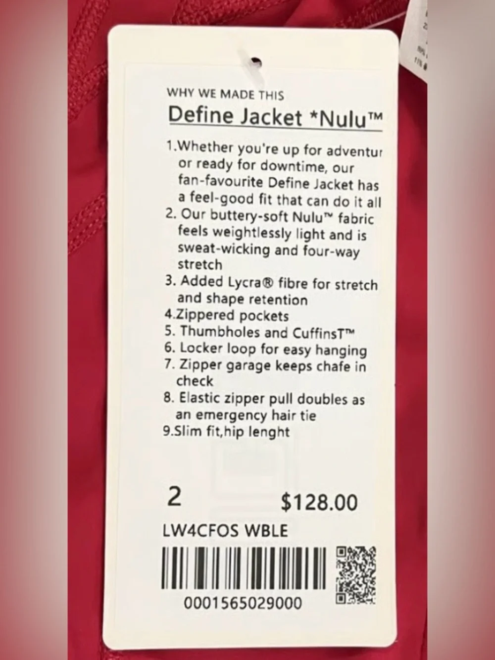 lululemon athletica Define Cropped Jacket in Oxford Red size 2 (no tags)